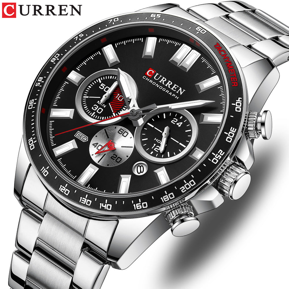 Reloj de hombre, correa de acero y seis manecillas, multifuncional de cuarzo.