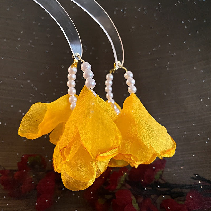 Pendientes de tela con pétalos de perlas y flores, pendientes de plata 925 con aguja.