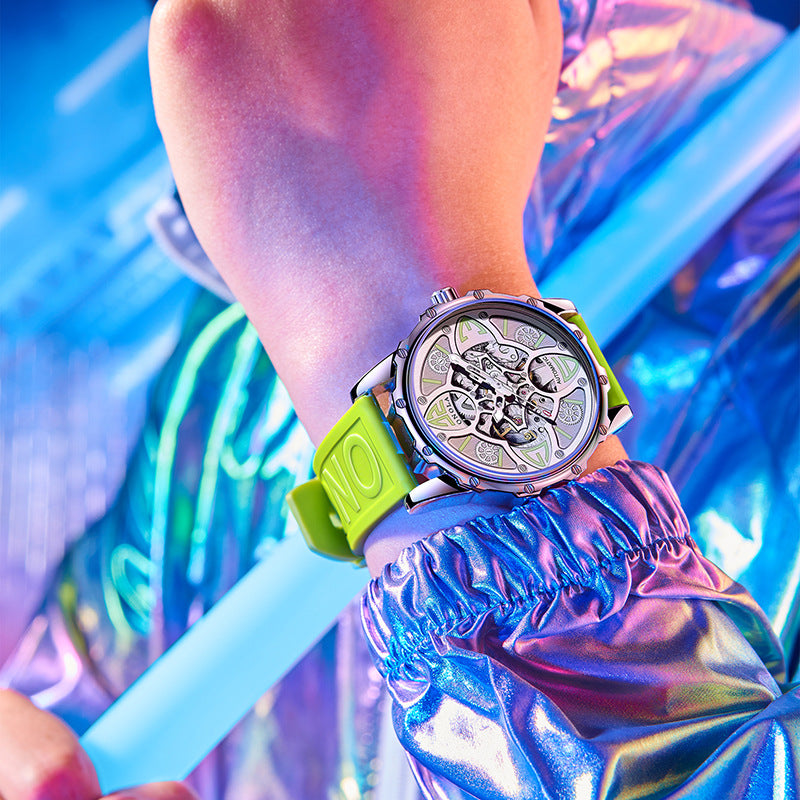 Reloj mecánico totalmente automático para hombre, moderno, con correa de silicona multicolor y resistente al agua.