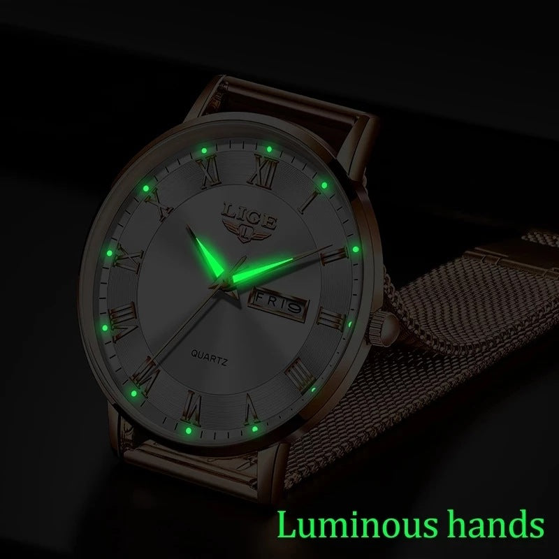 Reloj de cuarzo ultrafino para mujer, reloj clásico para mujer con doble calendario, resistente al agua, correa de malla Milan.
