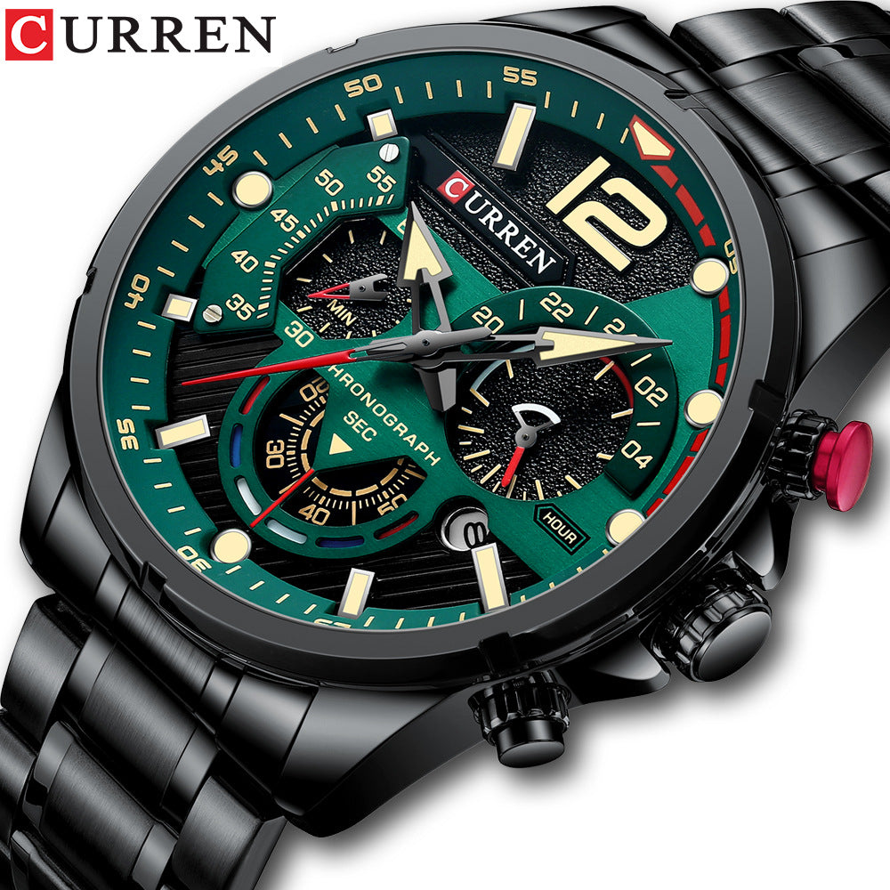 Reloj de hombre con calendario, reloj de hombre con correa de acero de seis pines, reloj de cuarzo, reloj deportivo para hombre.