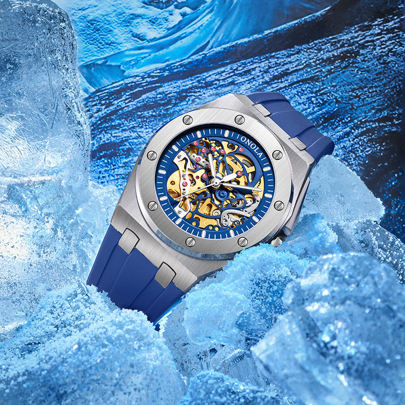 Reloj mecánico totalmente automático para hombre, moderno, con correa de silicona multicolor y resistente al agua.