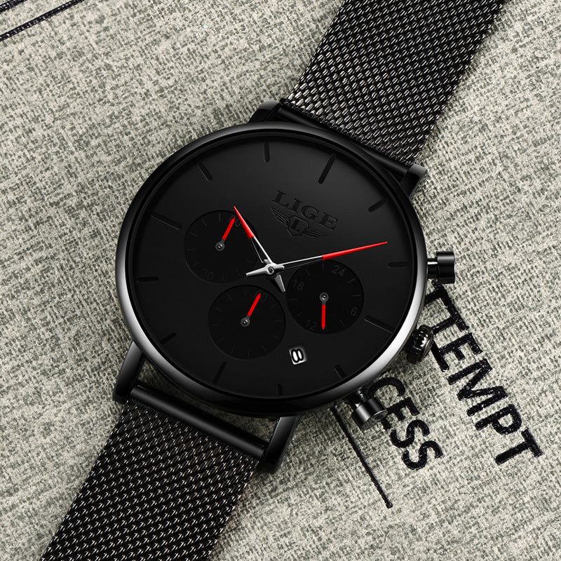 Reloj de cuarzo multifuncional e impermeable LIGE con correa de malla, diseño moderno y ultrafino.
