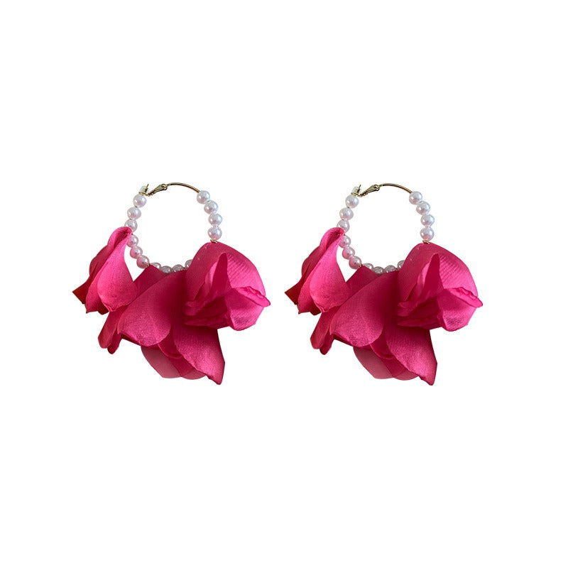 Pendientes de tela con pétalos de perlas y flores, pendientes de plata 925 con aguja.