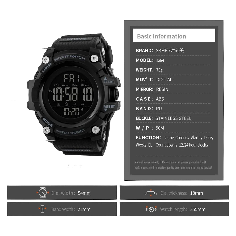 Reloj deportivo con cronómetro y cuenta regresiva SKMEI 1384 para hombre, de marca de lujo, resistente al agua, con LED, electrónico digital.