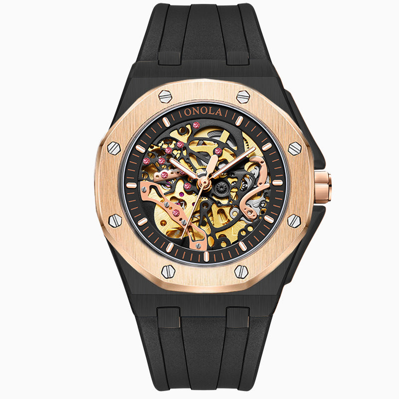 Reloj mecánico totalmente automático para hombre, moderno, con correa de silicona multicolor y resistente al agua.