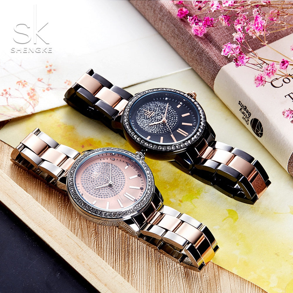 Reloj de oro rosa de cuarzo, relojes de pulsera de cristal de marca superior para mujer.