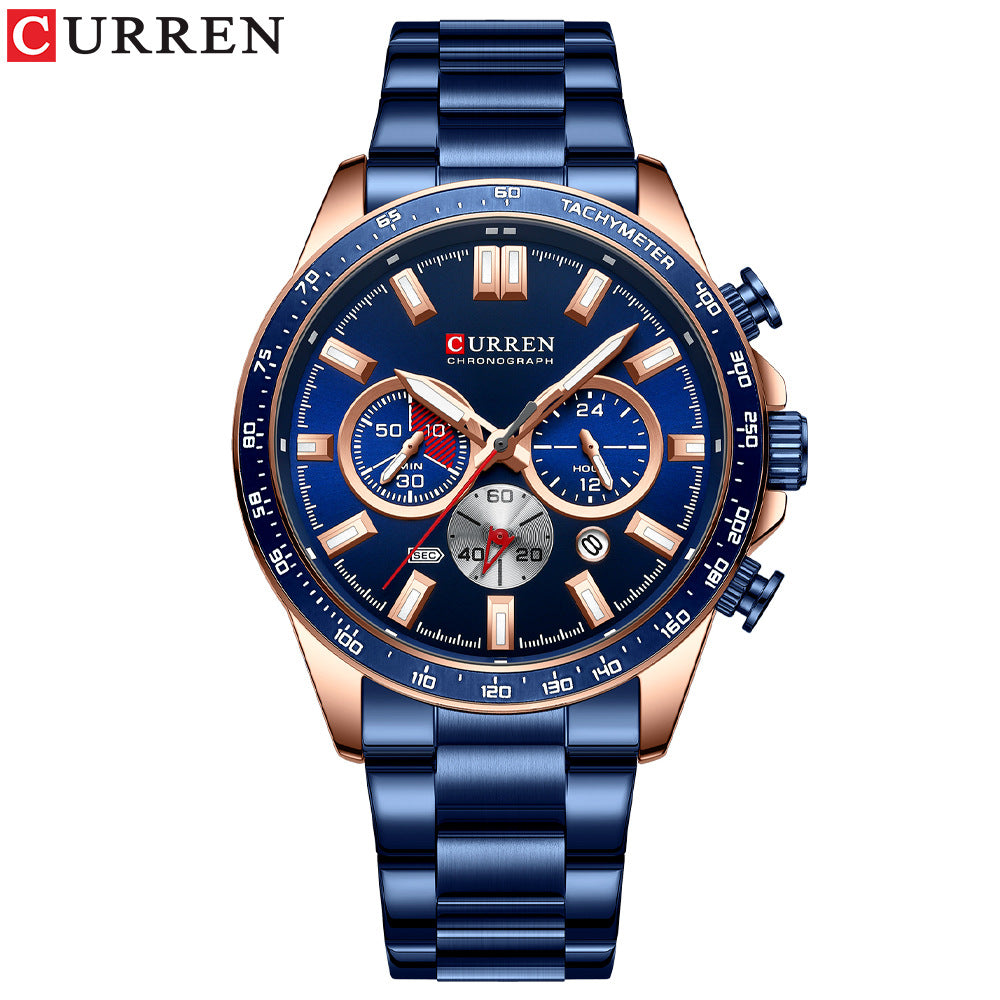 Reloj de hombre, correa de acero y seis manecillas, multifuncional de cuarzo.