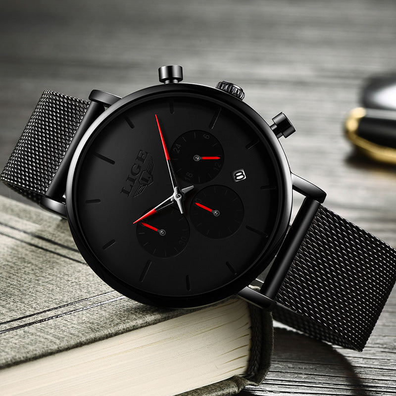Reloj de cuarzo multifuncional e impermeable LIGE con correa de malla, diseño moderno y ultrafino.