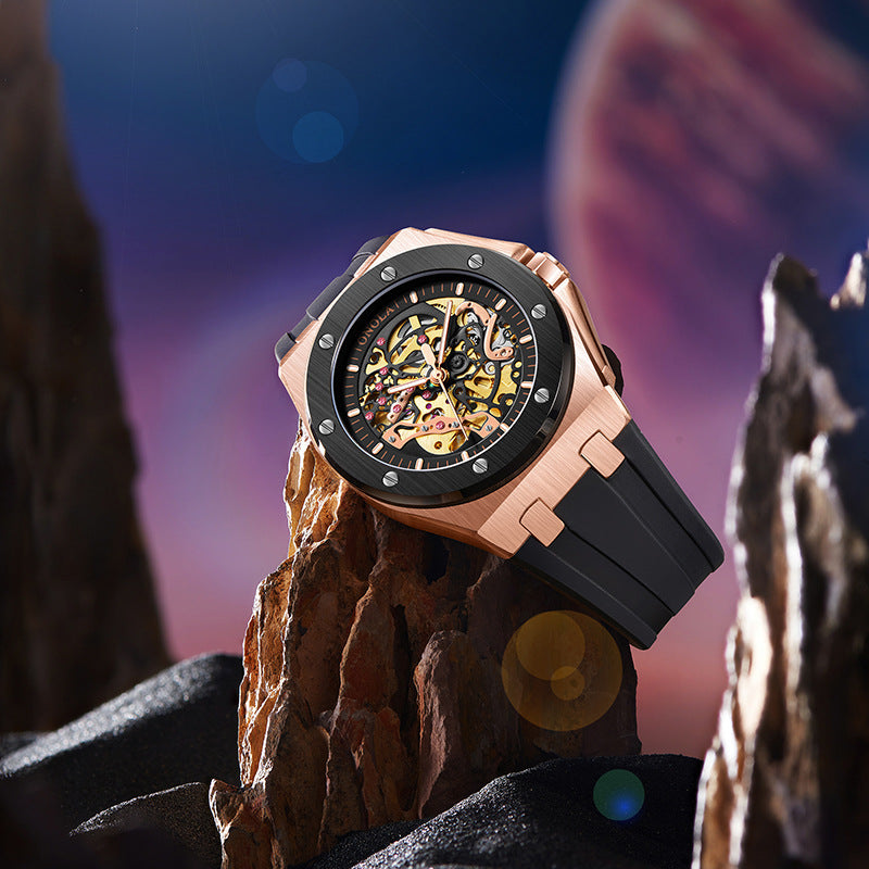 Reloj mecánico totalmente automático para hombre, moderno, con correa de silicona multicolor y resistente al agua.