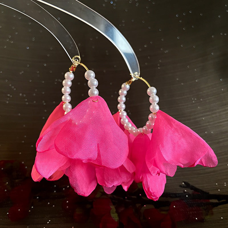 Pendientes de tela con pétalos de perlas y flores, pendientes de plata 925 con aguja.