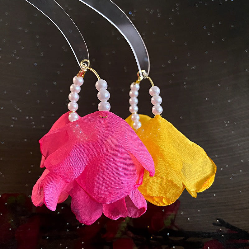 Pendientes de tela con pétalos de perlas y flores, pendientes de plata 925 con aguja.