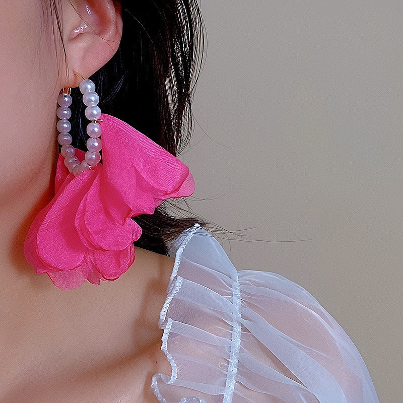 Pendientes de tela con pétalos de perlas y flores, pendientes de plata 925 con aguja.