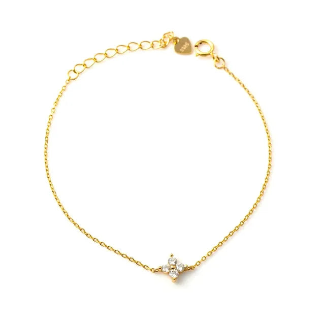 Pulsera de plata de ley 925 con flor y circonitas, chapada en oro de 14k.