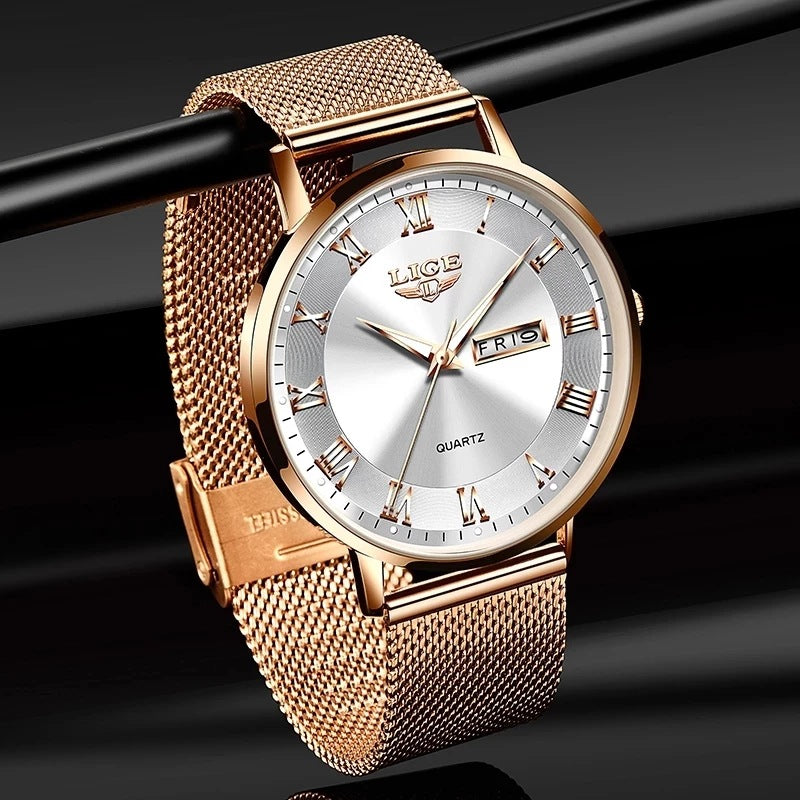 Reloj de cuarzo ultrafino para mujer, reloj clásico para mujer con doble calendario, resistente al agua, correa de malla Milan.