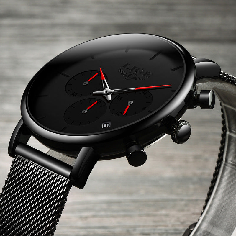 Reloj de cuarzo multifuncional e impermeable LIGE con correa de malla, diseño moderno y ultrafino.