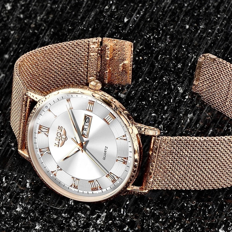 Reloj de cuarzo ultrafino para mujer, reloj clásico para mujer con doble calendario, resistente al agua, correa de malla Milan.