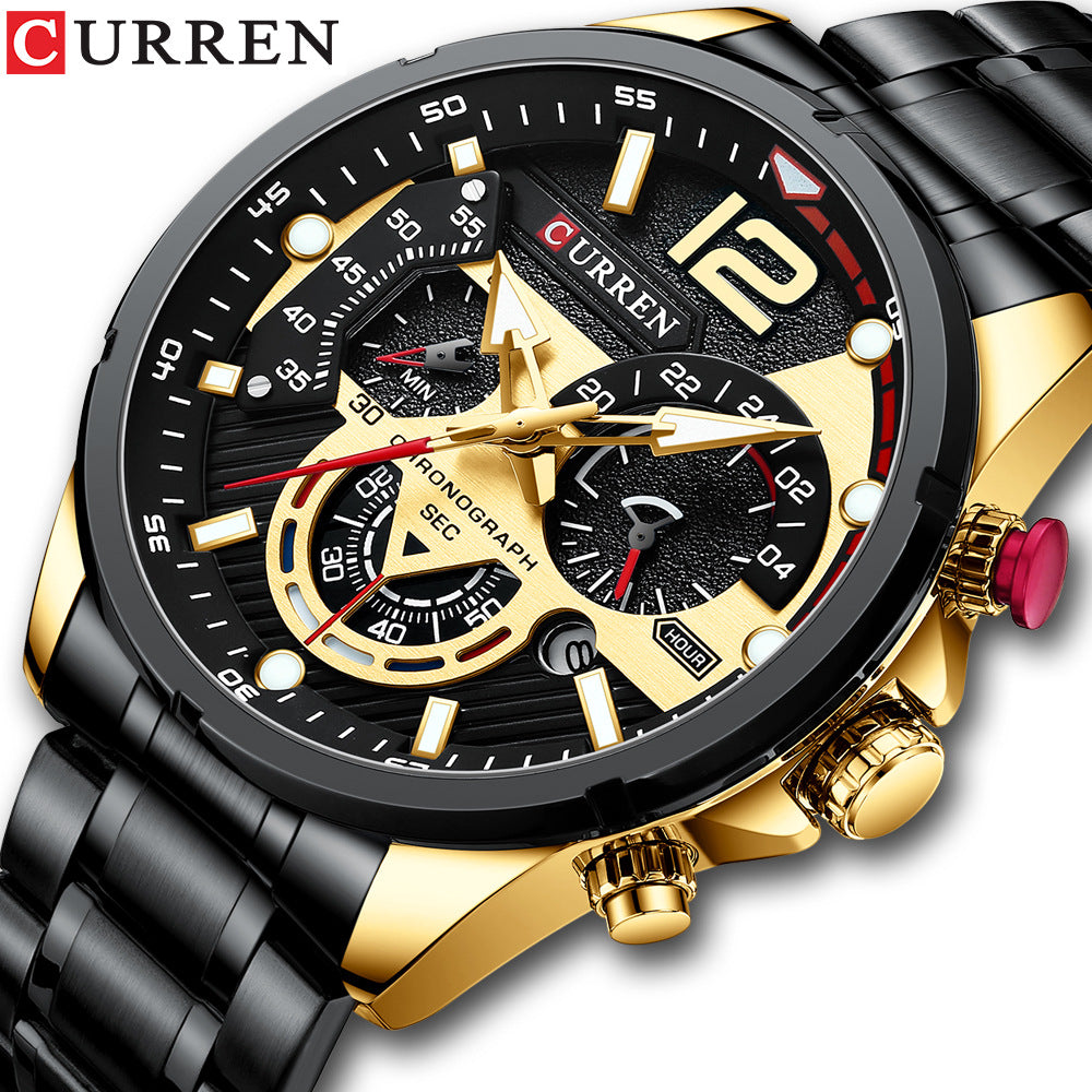 Reloj de hombre con calendario, reloj de hombre con correa de acero de seis pines, reloj de cuarzo, reloj deportivo para hombre.