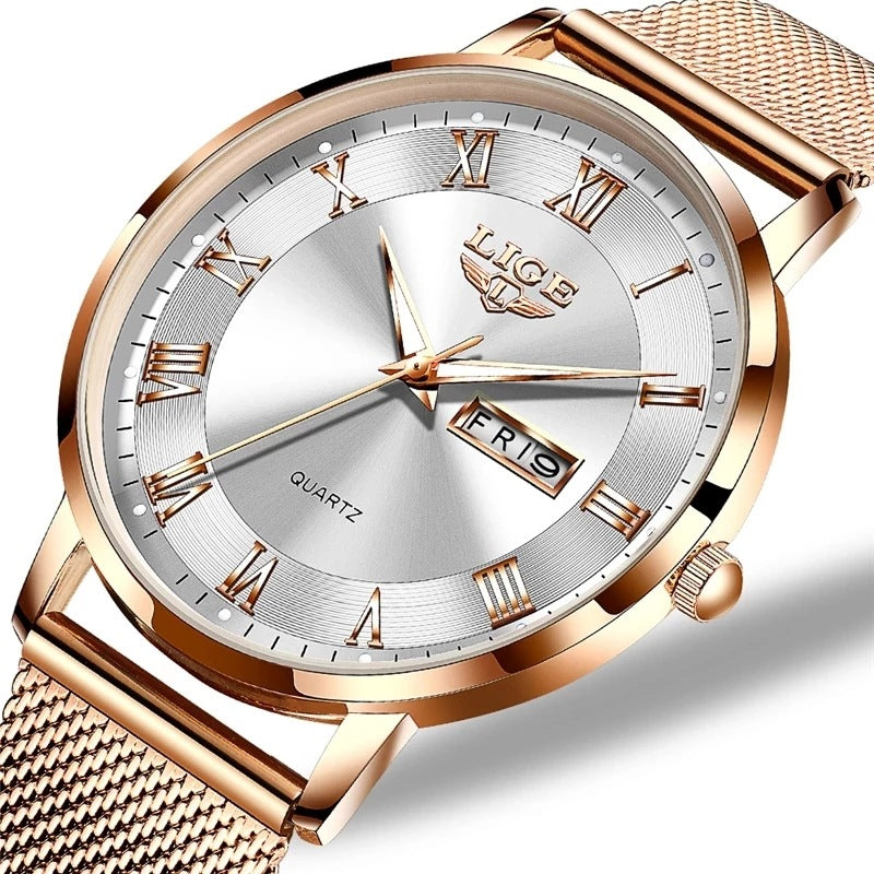 Reloj de cuarzo ultrafino para mujer, reloj clásico para mujer con doble calendario, resistente al agua, correa de malla Milan.