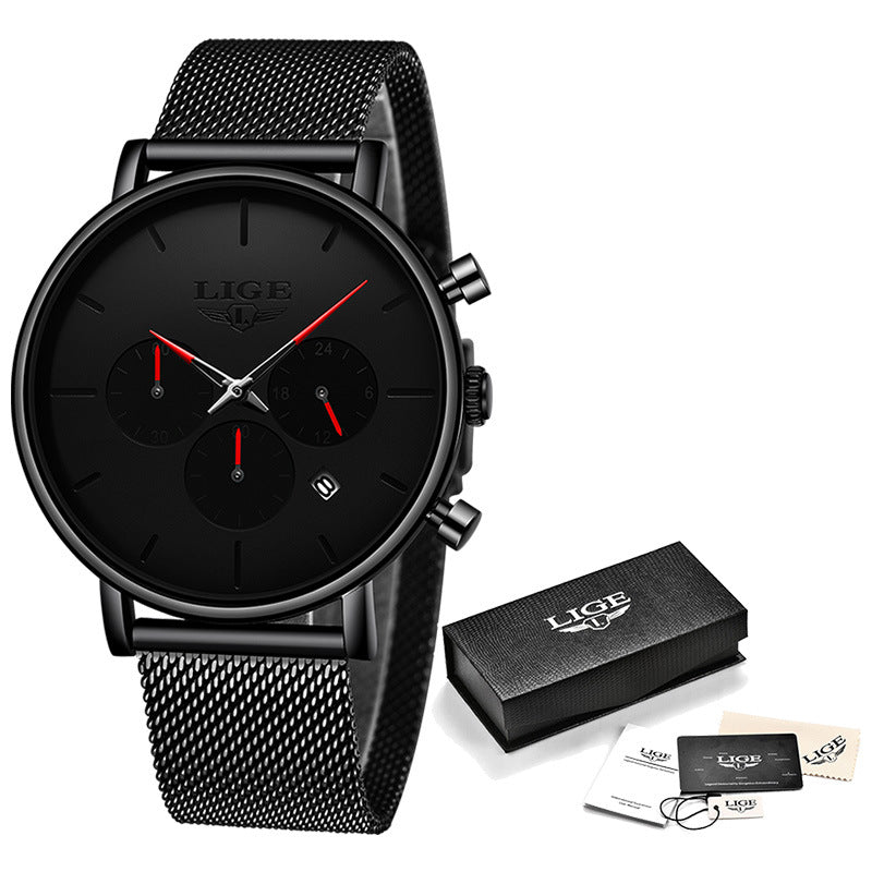 Reloj de cuarzo multifuncional e impermeable LIGE con correa de malla, diseño moderno y ultrafino.