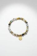 Pulsera elástica de ágata musgosa | Charm de flor de loto de 24 quilates