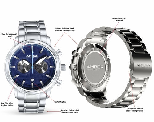 Reloj cronógrafo de cuarzo Amber Time con correa de acero inoxidable y resistencia al agua de 50 m.